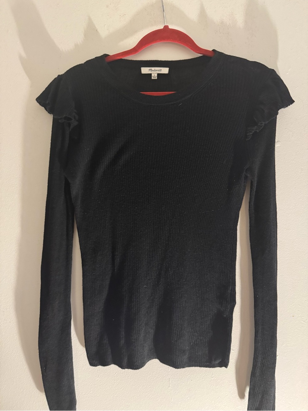 Madewell Black Ribbed Long-Sleeve Top with Ruffle Shoulders Size S